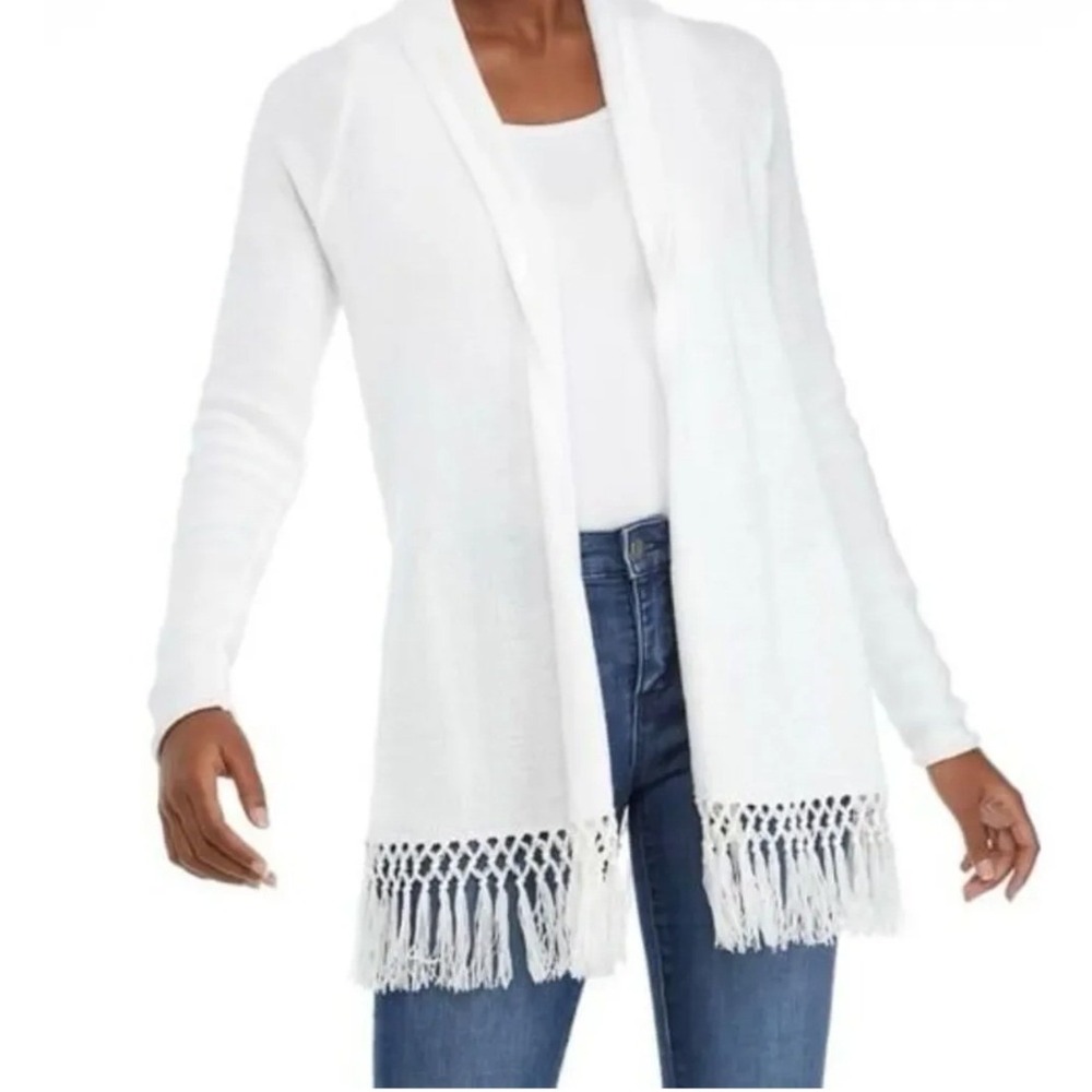 Lilly Pulitzer Tatum Cardigan Resort White Fringe Open Front Sweater Medium NEW